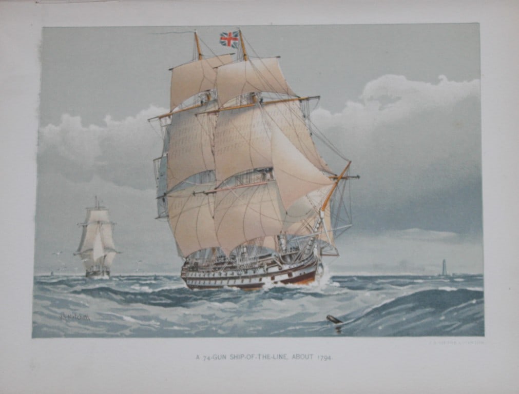 WF Mitchell - A 74-Gun Frigate 1890: This illustration is from the magnificent three-volume history of the British Navy entitled Her Majesty's Navy, published in London between 1890 and 1893, at the height of Queen Victoria's British Emp