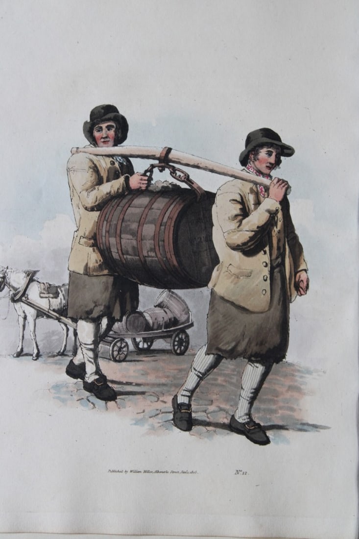 Brewers by WH Pyne 1808: This aquatint engraving of Brewers is from The Costumes of Great Britain designed, engraved and written by William Henry Pyne, published in 1808 by William Miller, London. Thiss is a rare original han