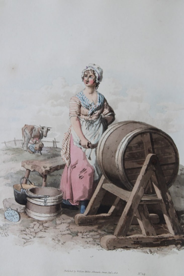 Woman churning Butter by WH Pyne 1808: This aquatint engraving of Woman churning Butter is from The Costumes of Great Britain designed, engraved and written by William Henry Pyne, published in 1808 by William Miller, London. Thiss is a rar