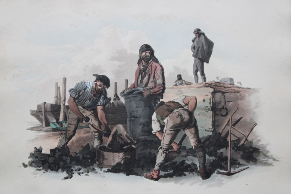 Coal Heavers by WH Pyne 1808: This aquatint engraving of Coal Heavers is from The Costumes of Great Britain designed, engraved and written by William Henry Pyne, published in 1808 by William Miller, London. Thiss is a rare origina