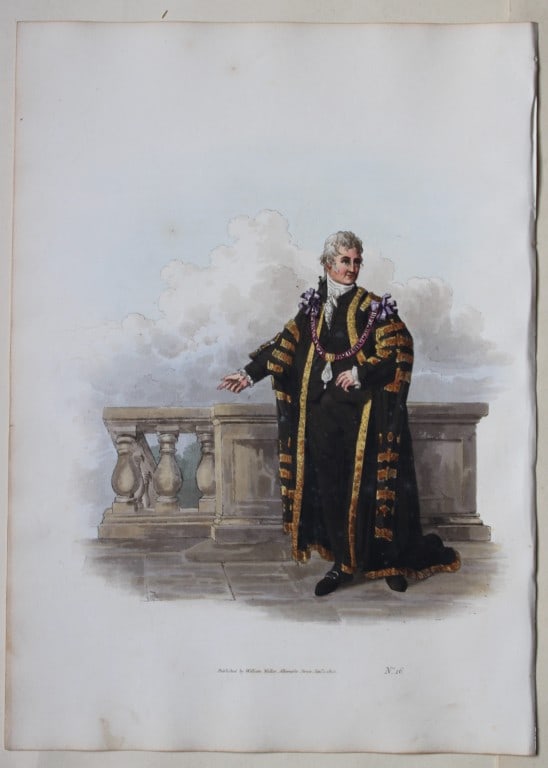 Lord Mayor by WH Pyne 1808: This aquatint engraving of Lord Mayor is from The Costumes of Great Britain designed, engraved and written by William Henry Pyne, published in 1808 by William Miller, London. Thiss is a rare original 