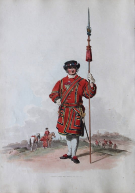 Yeoman of the King's Guard by WH Pyne 1808: This aquatint engraving of Yeoman of the King's Guard is from The Costumes of Great Britain designed, engraved and written by William Henry Pyne, published in 1808 by William Miller, London. Thiss is 