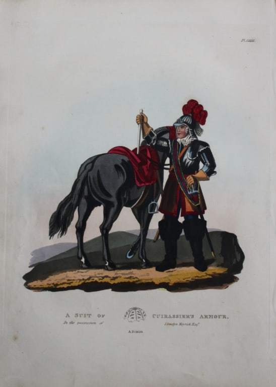 A Suit of Cuirassier's Armour by Samuel Meyrick 1842: This superb hand-coloured engraving of A Suit of Cuirassier's Armour by Samuel Meyrick 1842 from the 1842 enlarged folio edition of A Critical Inquiry into Antient Armour, as it existed in Europe, par