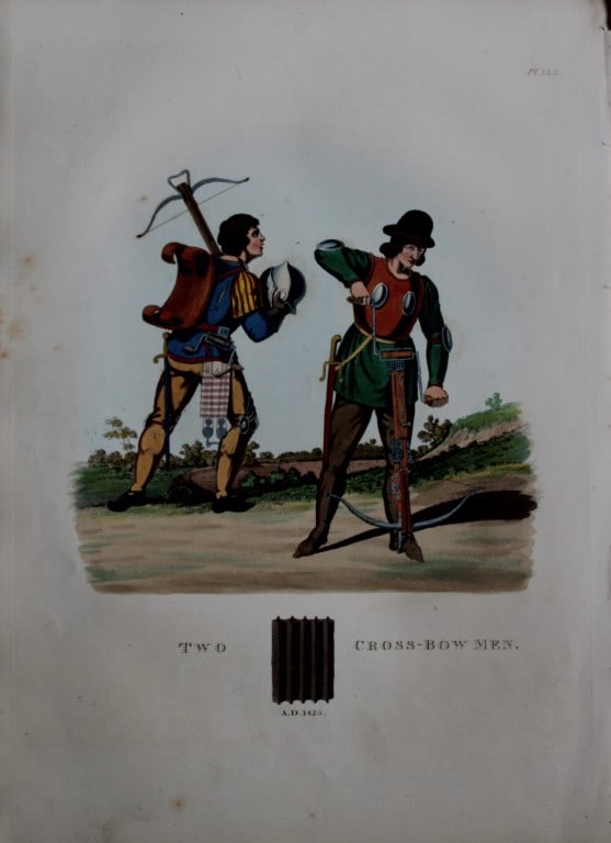 Two Crossbow Men by Samuel Meyrick 1842: This superb hand-coloured engraving of Two Crossbow Men by Samuel Meyrick 1842 from the 1842 enlarged folio edition of A Critical Inquiry into Antient Armour, as it existed in Europe, particularly in 