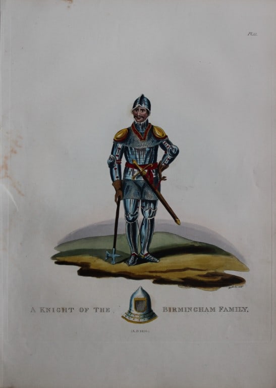 A Knight of the Birmingham Family by Samuel Meyrick 1842: This superb hand-coloured engraving of A Knight of the Birmingham Family by Samuel Meyrick 1842 from the 1842 enlarged folio edition of A Critical Inquiry into Antient Armour, as it existed in Europe,