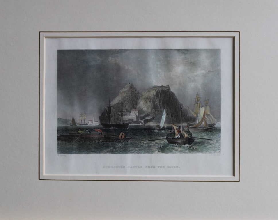Thomas Allom - Dumbarton Castle engraved by J Cousen 1837: This hand coloured steel engraving is from of Views Taken Expressly For This Work By Messrs. T. Allom, W.H. Bartlett, and H. M'Culloch. by William Beattie. Published by George Virtue, London 1837.Appr