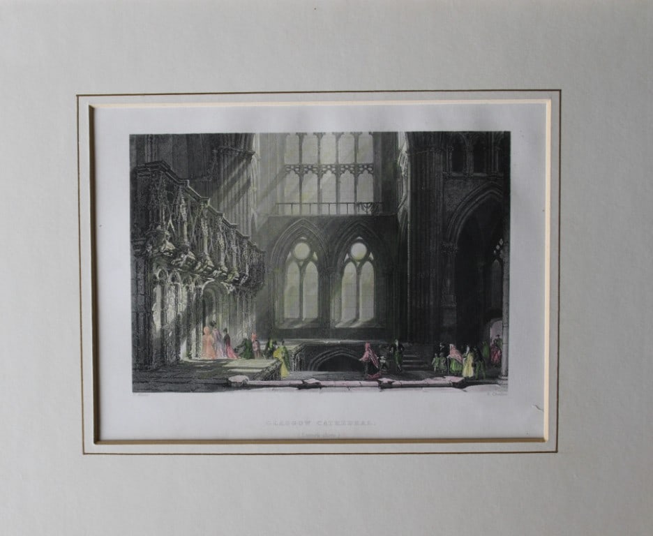 Thomas Allom - Glasgow Cathedral engraved by F Challis 1837: This hand coloured steel engraving is from of Views Taken Expressly For This Work By Messrs. T. Allom, W.H. Bartlett, and H. M'Culloch. by William Beattie. Published by George Virtue, London 1837.Appr