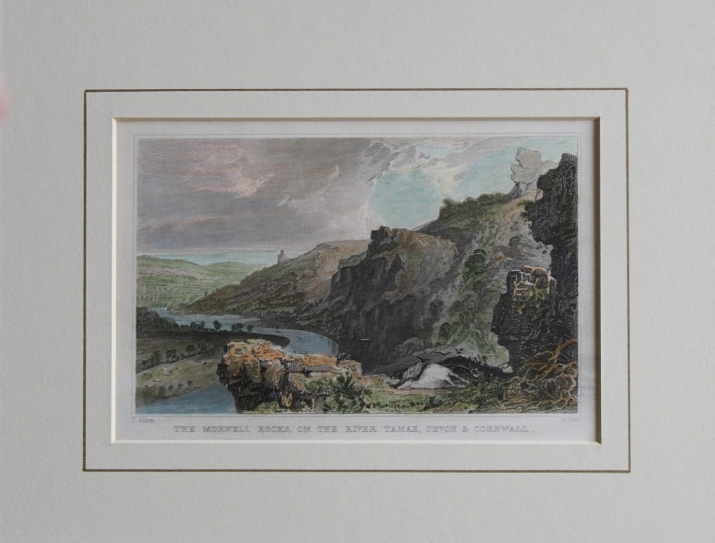 Thomas Allom - Morwell Rocks on the Tamar engraved by Le Petit 1829: This hand coloured steel engraving is from Devon Illustrated. Published London 1829.Approx. Size: Mount 9in x 12in (23cm x 30cm) Image 5in x 6in (12.5cm x 15.5cm).