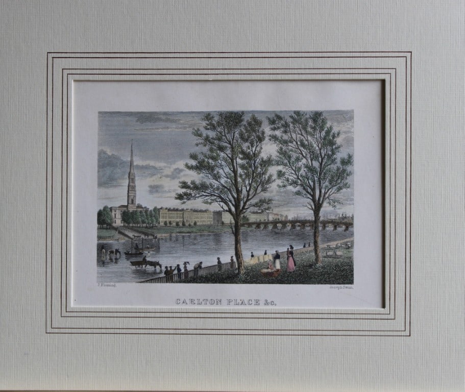 John Fleming - Carlton Place, Glasgow engraved by Joseph Swan 1828: This hand coloured engraving is from Select Views of Glasgow and ite Environs by John Leighton. Published by Joseph Swan, Glasgow 1828.Size: 10.5in x 8.5in (27.5cm x 21.5cm)