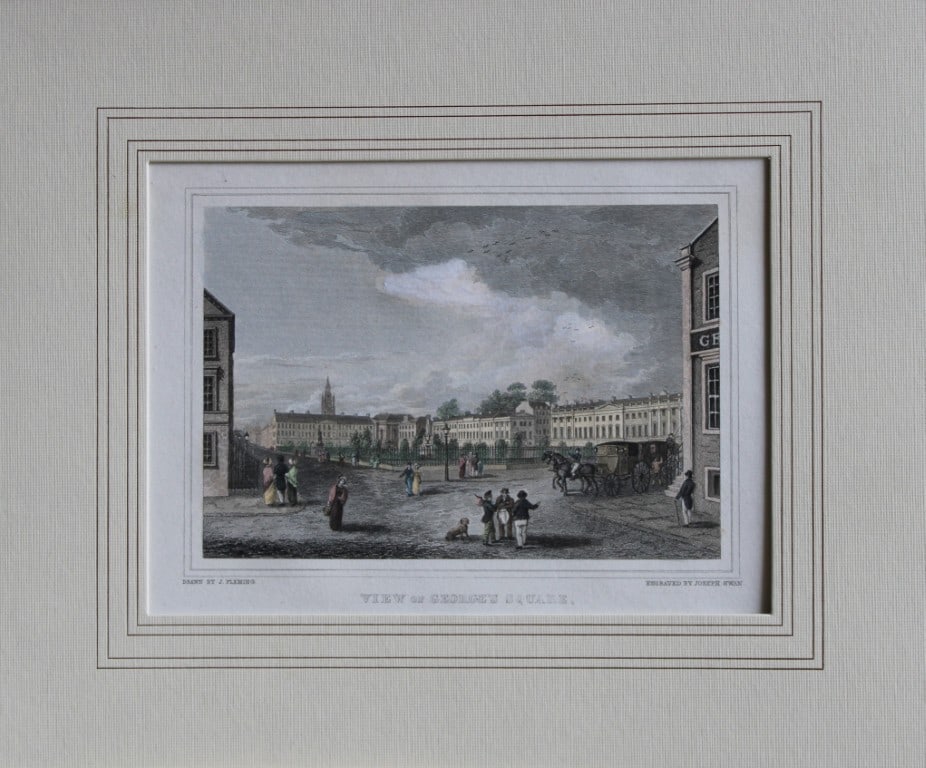 John Fleming - George's Square, Glasgow engraved by Joseph Swan 1828: This hand coloured engraving is from Select Views of Glasgow and ite Environs by John Leighton. Published by Joseph Swan, Glasgow 1828.Size: 10.5in x 8.5in (27.5cm x 21.5cm)