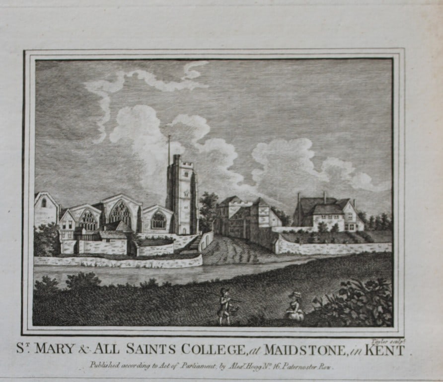 Alex Hogg - St. Mary & All Saints College, Maidstone, Kent 1786: This copperplate engraving is from Historical Descriptions of new and elegant picturesque views of the antiquities of England and Wales? by Henry Boswell.Published by Alex Hogg, London, 1786.Size: app