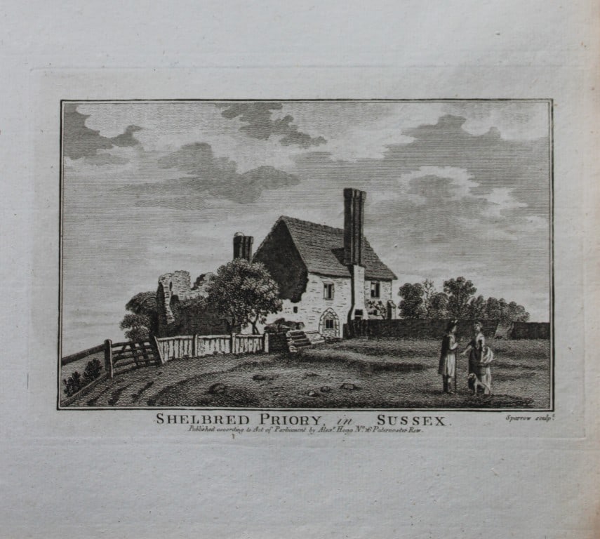 Alex Hogg - Shelbred Priory, Sussex 1786: This copperplate engraving is from Historical Descriptions of new and elegant picturesque views of the antiquities of England and Wales? by Henry Boswell.Published by Alex Hogg, London, 1786.Size: app