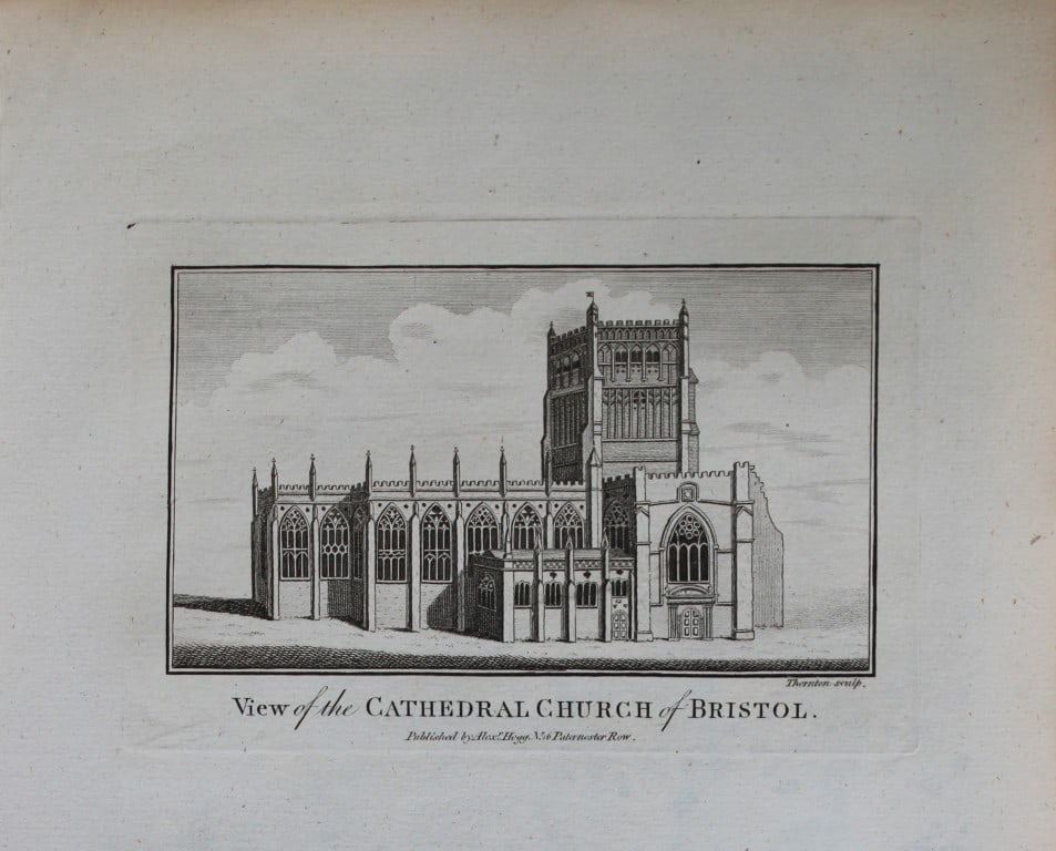 Alex Hogg - Bristol Cathedral 1786: This copperplate engraving is from Historical Descriptions of new and elegant picturesque views of the antiquities of England and Wales? by Henry Boswell.Published by Alex Hogg, London, 1786.Size: app