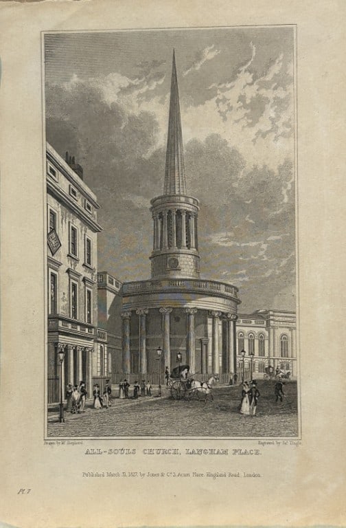 Thomas Shepherd - All Souls Church, Langham Place engraved by J Tingle 1828: The hand coloured engraving was drawn by Thomas H. Shepherd and published by Jones & Co. 1828.Size: 5.25in x 8in (13cm x 20cm)