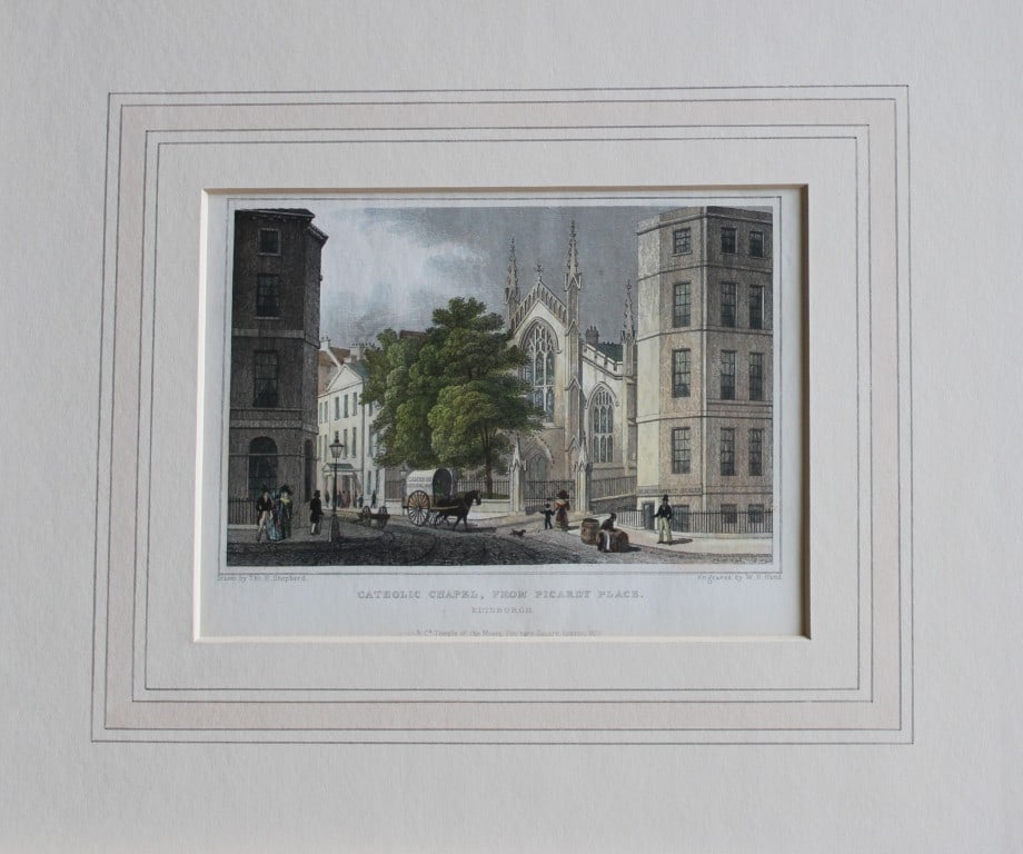 Thomas Shepherd - Catholic Chapel, Edinburgh engraved by WH Bond 1829: The hand coloured engraving was drawn by Thomas H. Shepherd and published by Jones & Co. 1828.Size: 5.25in x 8in (13cm x 20cm)