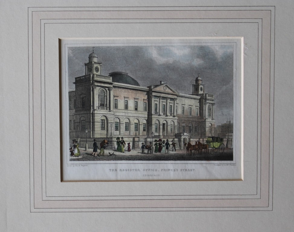 Thomas Shepherd - Register Office, Edinburgh engraved by A Maclatchie 1829: The hand coloured engraving was drawn by Thomas H. Shepherd and published by Jones & Co. 1829.Size: 5.25in x 8in (13cm x 20cm)