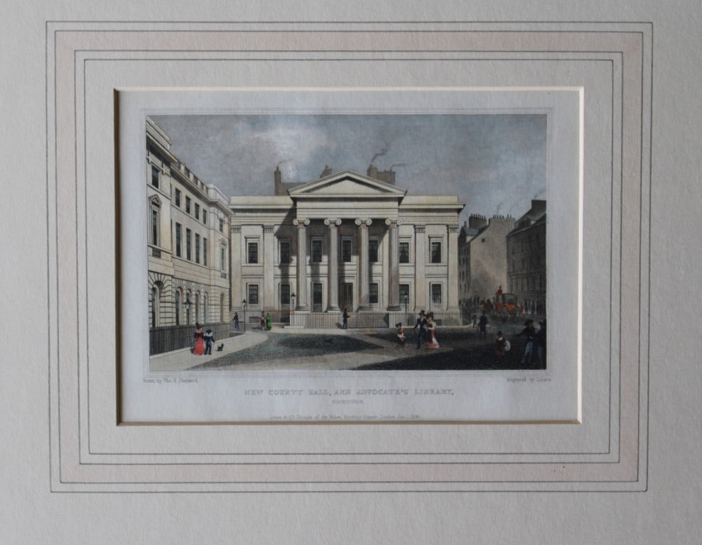 Thomas Shepherd - New County Hall, Perth engraved by WH Lizars 1829: The hand coloured engraving was drawn by Thomas H. Shepherd and published by Jones & Co. 1829.Size: 5.25in x 8in (13cm x 20cm)