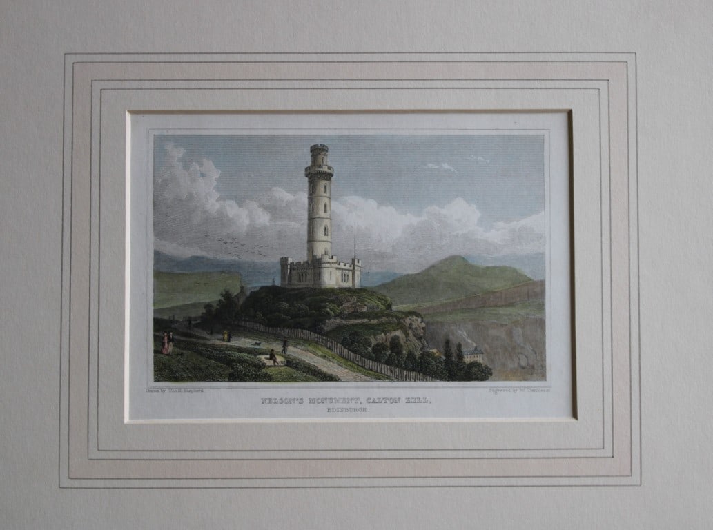Thomas Shepherd - Nelson's Monument, Edinburgh engraved by W Tombleson 1829: The hand coloured engraving was drawn by Thomas H. Shepherd and published by Jones & Co. 1829.Size: 5.25in x 8in (13cm x 20cm)