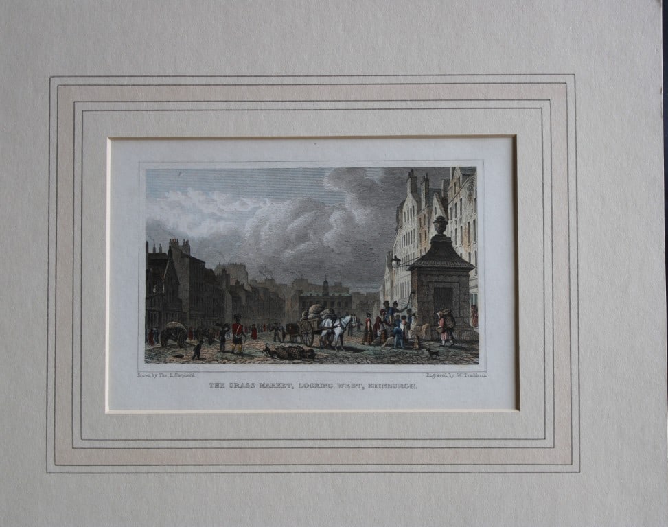 Thomas Shepherd - Grass Market, Edinburgh engraved by W Tombleson 1829: The hand coloured engraving was drawn by Thomas H. Shepherd and published by Jones & Co. 1829.Size: 5.25in x 8in (13cm x 20cm)