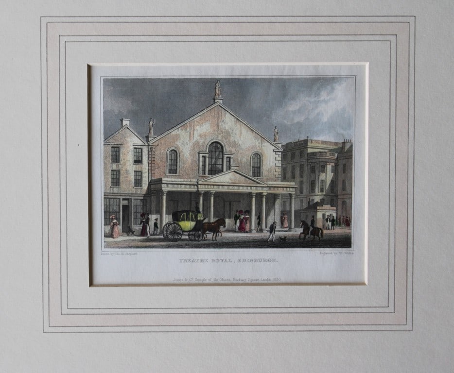 Thomas Shepherd - Theatre Royal, Edinburgh engraved by W Wallis 1829: The hand coloured engraving was drawn by Thomas H. Shepherd and published by Jones & Co. 1829.Size: 5.25in x 8in (13cm x 20cm)