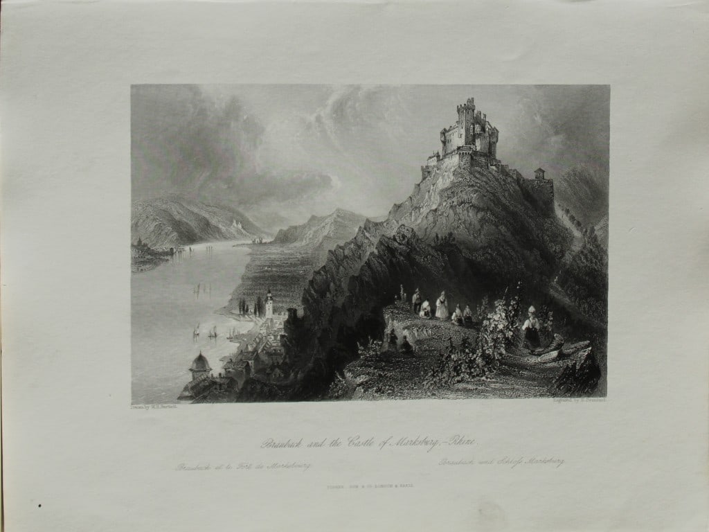 WH Bartlett - Marksburg engraved by E Brandard 1840: This steel engraving is after a drawing by WH Bartlett.Published by Fisher, Son & Co London and Paris 1840.Size: 11in x 8.5in (28cm x 21.5cm)
