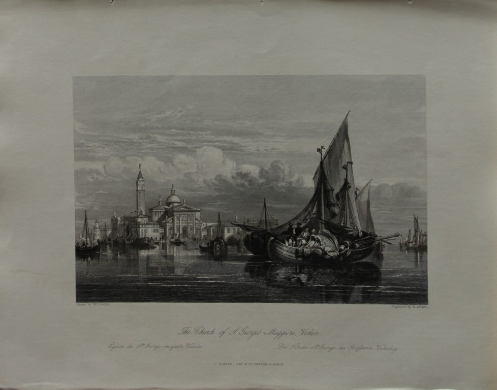 WL Leitch - Church of S Giorgio Maggiore Venice engraved by H Adlard 1840: This steel engraving is after a drawing by William Leighton Leitch. Published by Fisher, Son & Co London and Paris 1840.Size: 11in x 8.5in (28cm x 21.5cm)