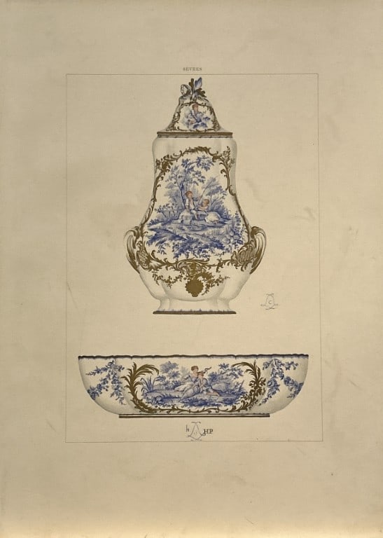 Edouard Garnier - Beautiful print of Soft Porcelain of Sevres 1892: This beautiful chromolithograph is from The Soft Porcelain of S?vres, With An Historical Introduction by Edouard Garnier. Published in London by John C. Nimmo, 1892. Some of the most beautiful and pre