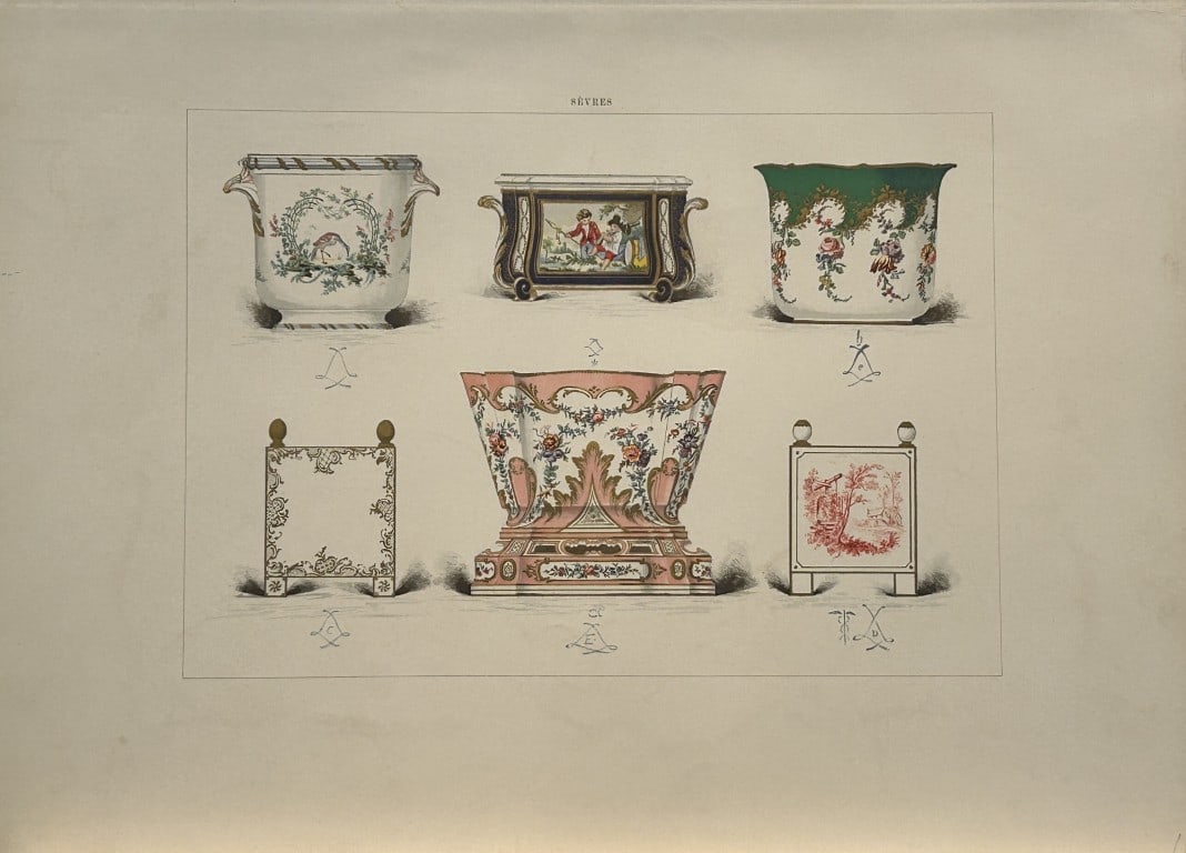 Edouard Garnier - Beautiful print of Soft Porcelain of Sevres 1892: This beautiful chromolithograph is from The Soft Porcelain of S?vres, With An Historical Introduction by Edouard Garnier. Published in London by John C. Nimmo, 1892. Some of the most beautiful and pre