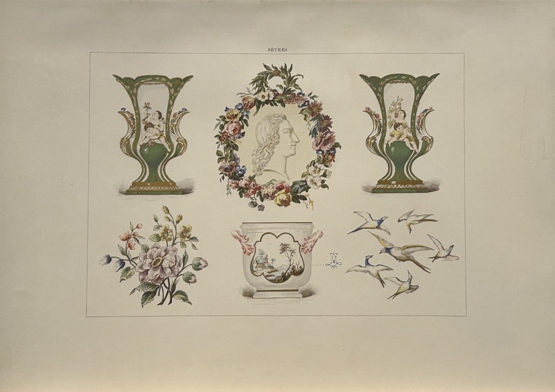 Edouard Garnier - Beautiful print of Soft Porcelain of Sevres 1892: This beautiful chromolithograph is from The Soft Porcelain of S?vres, With An Historical Introduction by Edouard Garnier. Published in London by John C. Nimmo, 1892. Some of the most beautiful and pre