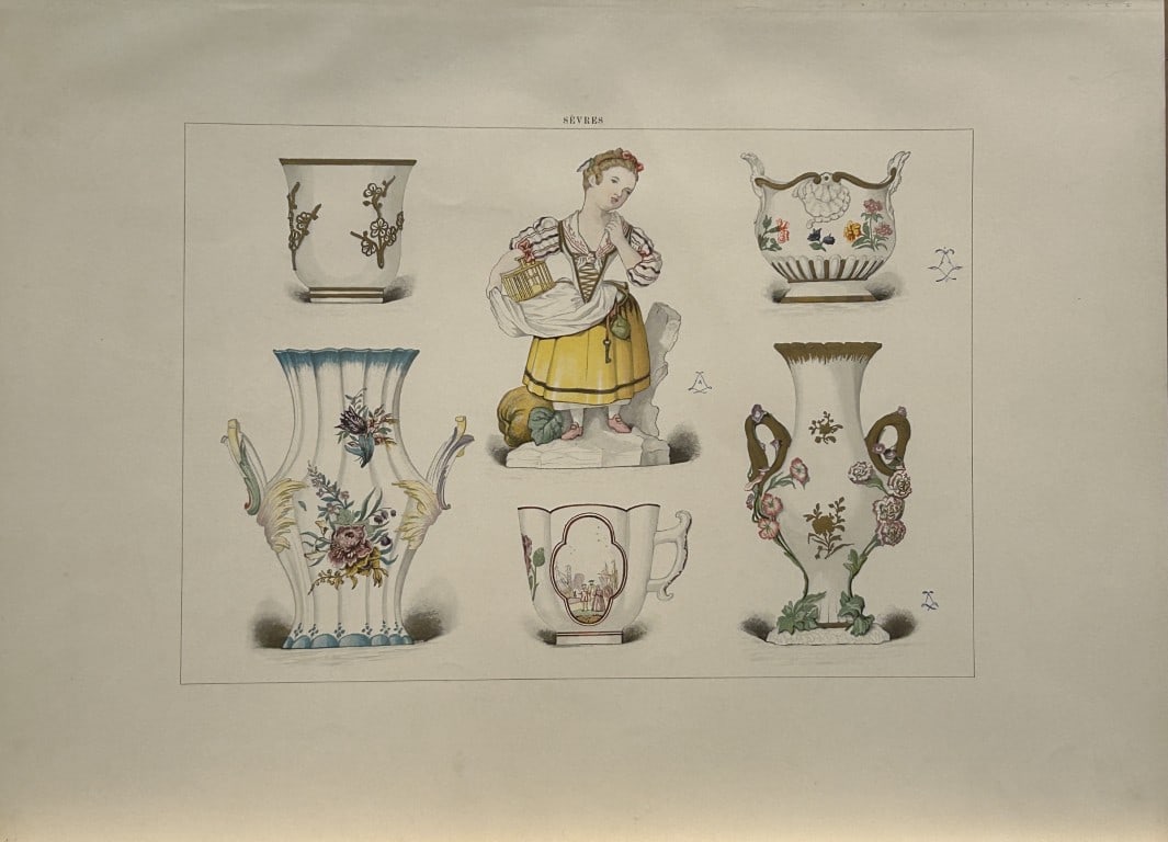 Edouard Garnier - Beautiful print of Soft Porcelain of Sevres 1892: This beautiful chromolithograph is from The Soft Porcelain of S?vres, With An Historical Introduction by Edouard Garnier. Published in London by John C. Nimmo, 1892. Some of the most beautiful and pre