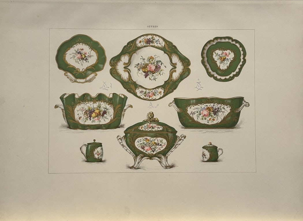 Edouard Garnier - Beautiful print of Soft Porcelain of Sevres 1892: This beautiful chromolithograph is from The Soft Porcelain of S?vres, With An Historical Introduction by Edouard Garnier. Published in London by John C. Nimmo, 1892. Some of the most beautiful and pre