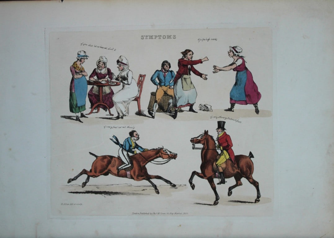 Henry Alken - Etching from Symptoms of being amused 1822: Original hand coloured soft ground etching from Symptoms Of Being Amused by Henry Aklen, published by Thomas McLean, London 1822. Henry Alken was born in London in 1784 into a family which became cele