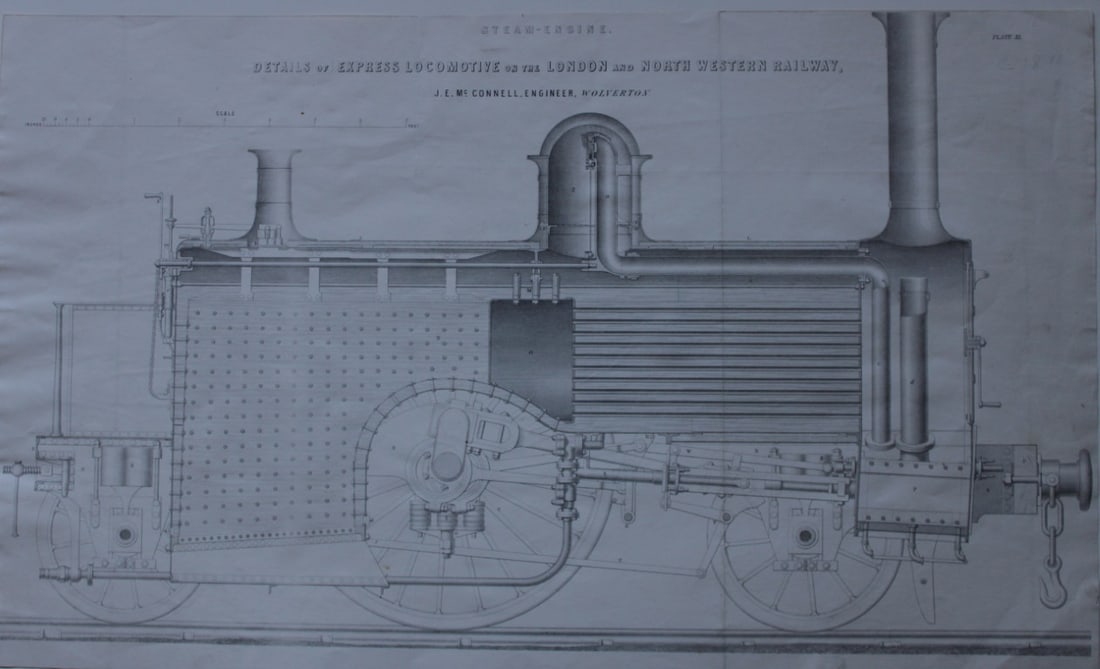 Locomotive of the London and NW Railway 1854: This engraving is from The Imperial Cyclopedia of Machinery?.. by William Johnson.Published by William Mackenzie, Glasgow, Edinburgh & London, 1852Size: 11in x 8.7in (28cm x 22cm)