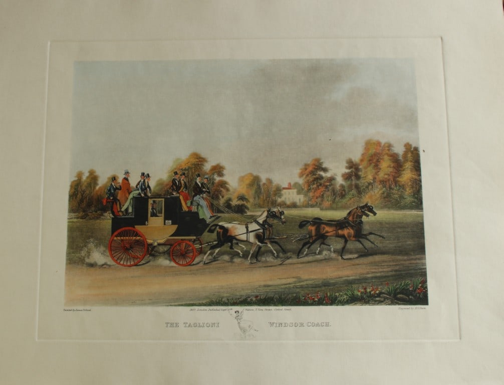 James Pollard - Windsor Coach engraved by RG Reeve 1837: This image is a work of 19th-century British antique art:Artist and Genre: The work is a hand-colored aquatint print of scenes painted by James Pollard (1792-1867) and engraved by Friedrich Rosenberg 