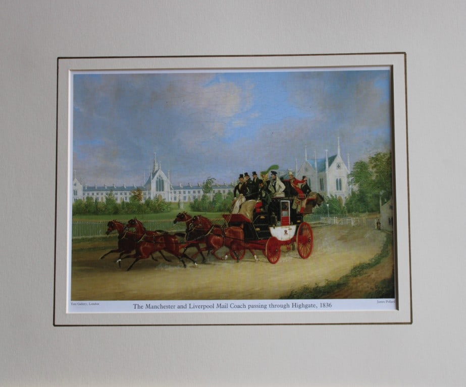 James Pollard - Manchester and Liverpool Mail Coach 20th century: This image is a work of 19th-century British antique art:Artist and Genre: The work is a hand-colored aquatint print of scenes painted by James Pollard (1792-1867) and engraved by Friedrich Rosenberg 