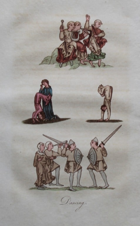 Joseph Strutt - Dancing & Tumbling 1801: These beautifully hand-coloured engraved plates are from Glig-Gamena Angel-Deod, or, The Sports and Pastimes of the People of England by Joseph Strutt. Published by T. Bensley & J. White, London 1801.