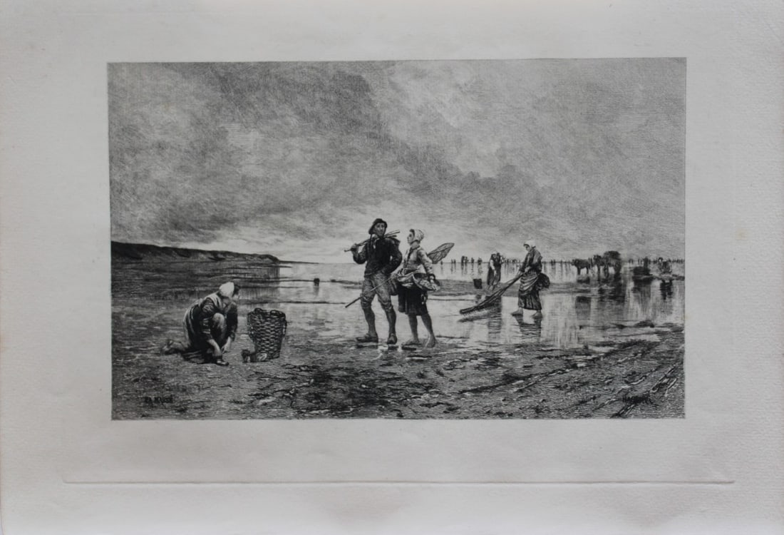 Low Tide in the Channel by Hagberg etched by A Masse 1884: This print is from The Portfolio, an Artistic Periodical edited by Philip Hamerton.Published by Seeley and Co, London 1885.Size: 9.5in x 13.5in