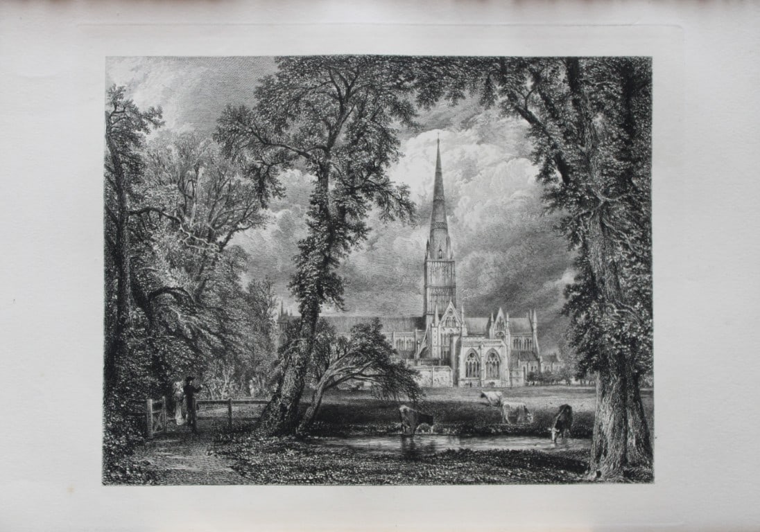 Salisbury Cathedral by John Constable engraved by R Brandard 1885: This print is from The Portfolio, an Artistic Periodical edited by Philip Hamerton.Published by Seeley and Co, London 1885.Size: 9.5in x 13.5in