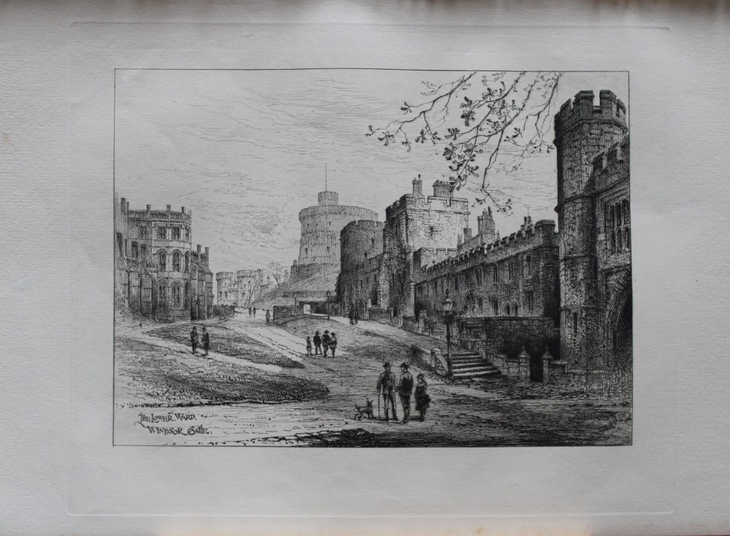 Lower Ward of Windsor Castle by Herbert Railton 1885: This print is from The Portfolio, an Artistic Periodical edited by Philip Hamerton.Published by Seeley and Co, London 1885.Size: 9.5in x 13.5in