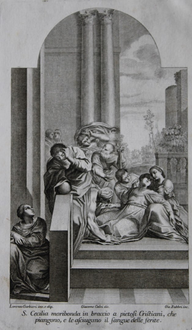 Lodovico Carracci - rare engraving of Cloisters in Bologne monastery 1776: This rare copper engraving is from Il Claustro di S. Michele in Bosco di Bologna dipinto dal famoso Lodovico Carracci e da altri Eccellenti Maestri usciti Dalla Sua Scuola descritto ed illustrato da G