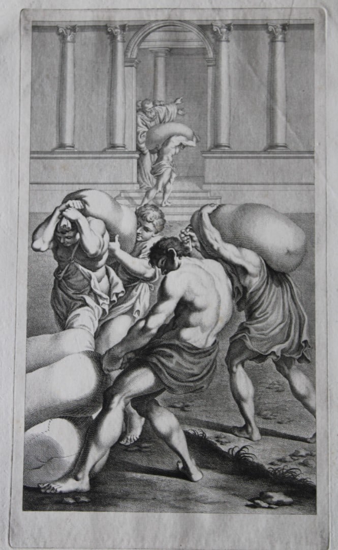 Lodovico Carracci - rare engraving of Cloisters in Bologne monastery 1776: This rare copper engraving is from Il Claustro di S. Michele in Bosco di Bologna dipinto dal famoso Lodovico Carracci e da altri Eccellenti Maestri usciti Dalla Sua Scuola descritto ed illustrato da G