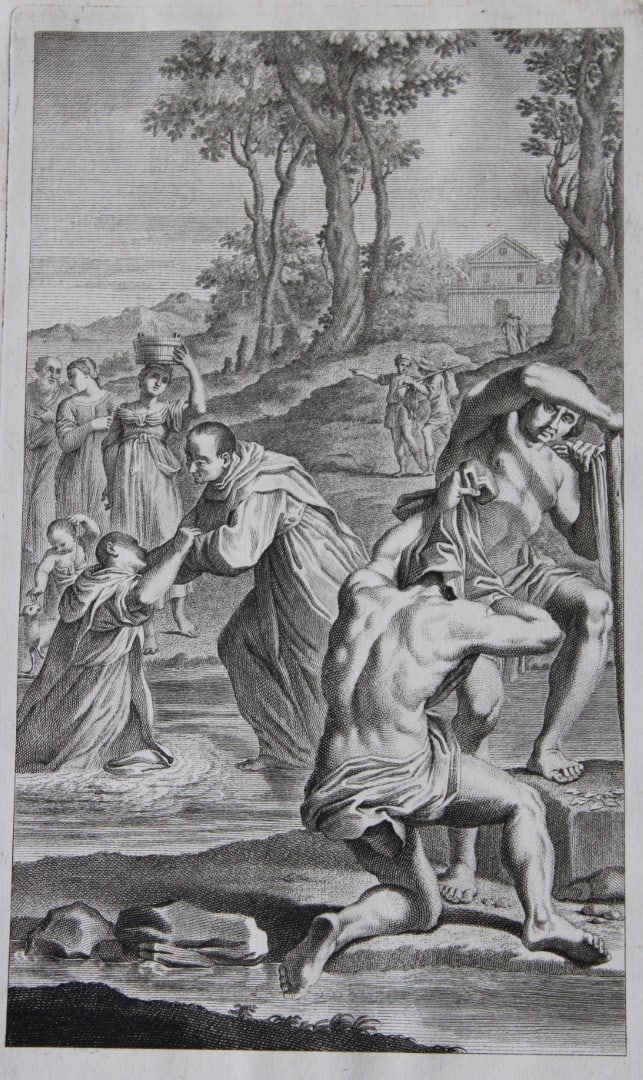 Lodovico Carracci - rare engraving of Cloisters in Bologne monastery 1776: This rare copper engraving is from Il Claustro di S. Michele in Bosco di Bologna dipinto dal famoso Lodovico Carracci e da altri Eccellenti Maestri usciti Dalla Sua Scuola descritto ed illustrato da G