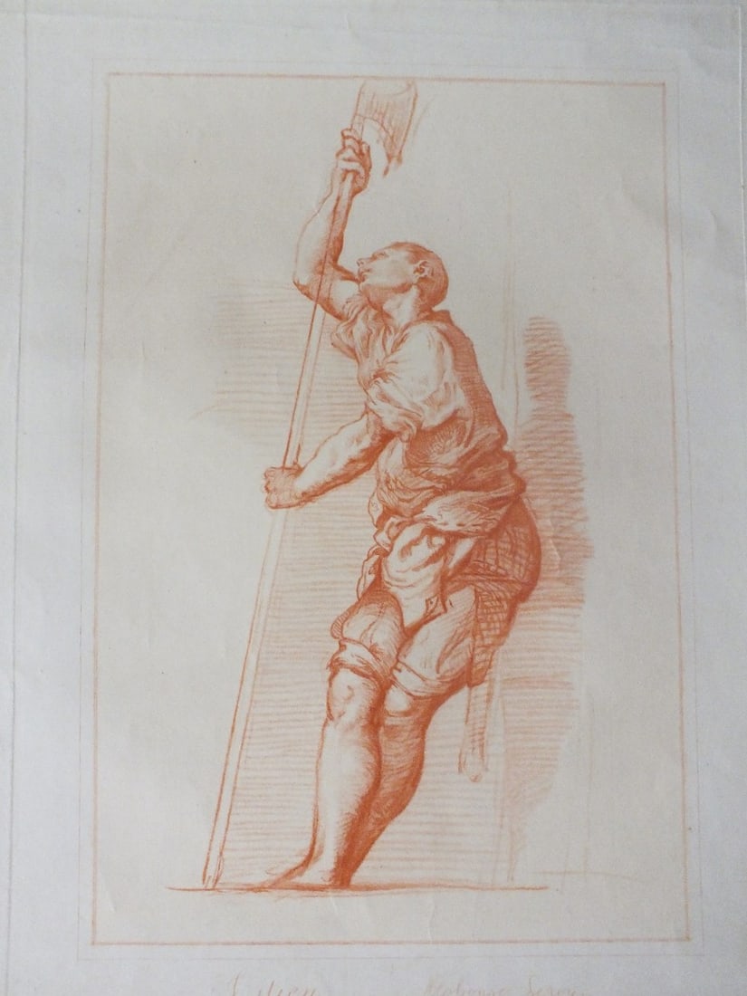 Alphonse Leroy - Study of a man by Guilio Campi 1849: This study of a man with a poleaxe is by Alphonse Leroy after Giulio Campi. Published by Chalcographie du Louvre 1849.Crayon-manner printed in reddish brownSize: Plate: 15in ? 10.5in. (38cm ? 27cm) Sh