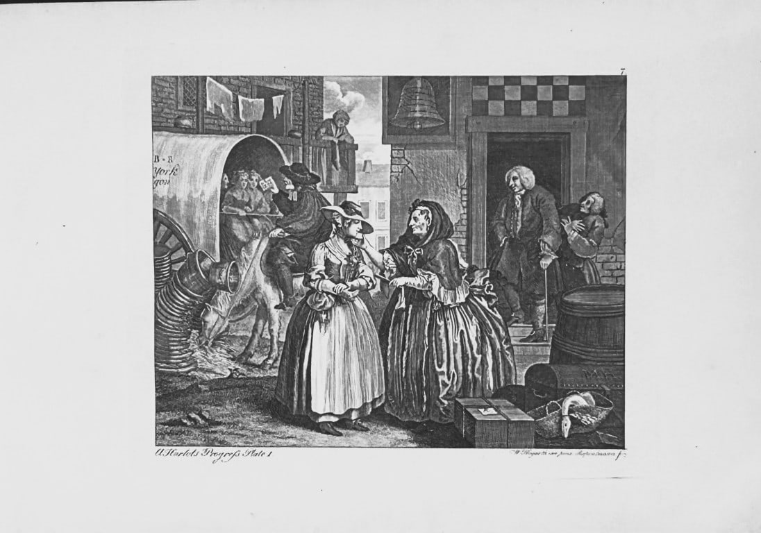 W Hogarth - 6 engravings of A Harlot's Progress by Riepenhausen 1820: This set of engravings was made by Ernst Ludwig Riepenhausen after William Hogarth. Published in Weimar 1820.Ernst Ludwig Riepenhausen (1765-1840) was well respected for his engravings after Hogarth, 