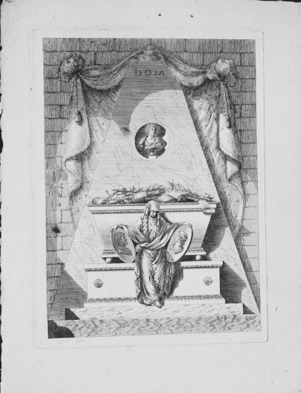Ferdinand Quaglia - Engraving of monuments in Pere-Lachaise 1775: This original line engraving is from Le Pere-Lachaise ou recueil de dessins... des principaux monumens de ce cimeti?re by Ferdinand Quaglia. Lithographed by Thierry and printed by J. Desportes. Paris 