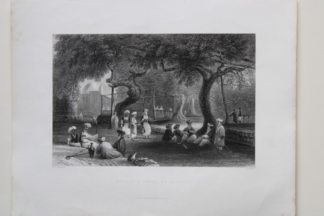 William H Bartlett - Sheikh's House at Zebdane, Syria 1836: Steel engraving of the Scheich's House at Zebdane in Syria engraved by W Taylor after William Henry Bartlett. Published by Fisher, Son & Co., London & Paris 1839. Size: 8in x 10.5in (20cm x 27cm), inc