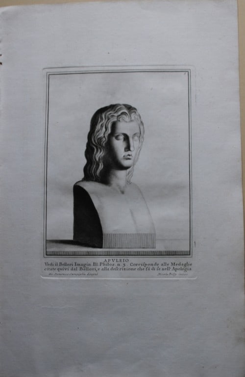 Giovanni Campiglia- Bust of Apuleius by Nicola Billy 1741: This engraving is from Del Museo Capitolino, Tomo I, Contente Immagi D'vomini illusti by Giovanni Bottari. Rome: si vente alla Calcografia Cambrale al Piede di Marmo 1741, Title translates as: Of the 