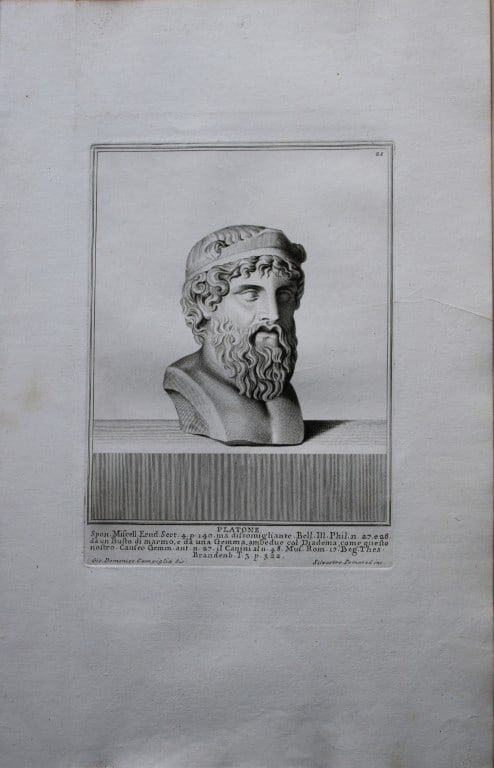 Giovanni Campiglia- Bust of Plato by Silvestro Pomared 1741: This engraving is from Del Museo Capitolino, Tomo I, Contente Immagi D'vomini illusti by Giovanni Bottari. Rome: si vente alla Calcografia Cambrale al Piede di Marmo 1741, Title translates as: Of the 