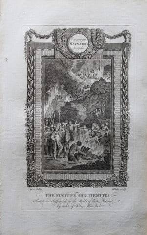 Metz - Fugitive Shechemites engraved by Blake 1785: This copper plate engraving is from The Genuine and Complete Works of Flavius Josephus by George Henry Maynard. Printed for J. Cooke, London 1785.The beautiful copper plates for this work were from or