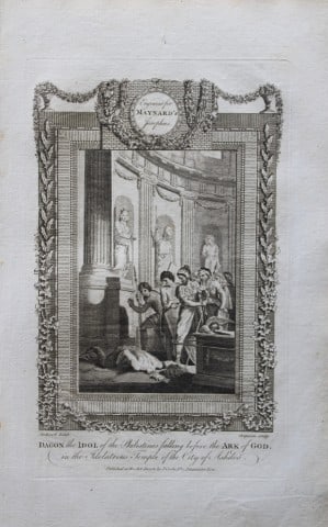Stothard - Dagon the Idol engraved by Grignion 1785: This copper plate engraving is from The Genuine and Complete Works of Flavius Josephus by George Henry Maynard. Printed for J. Cooke, London 1785.The beautiful copper plates for this work were from or